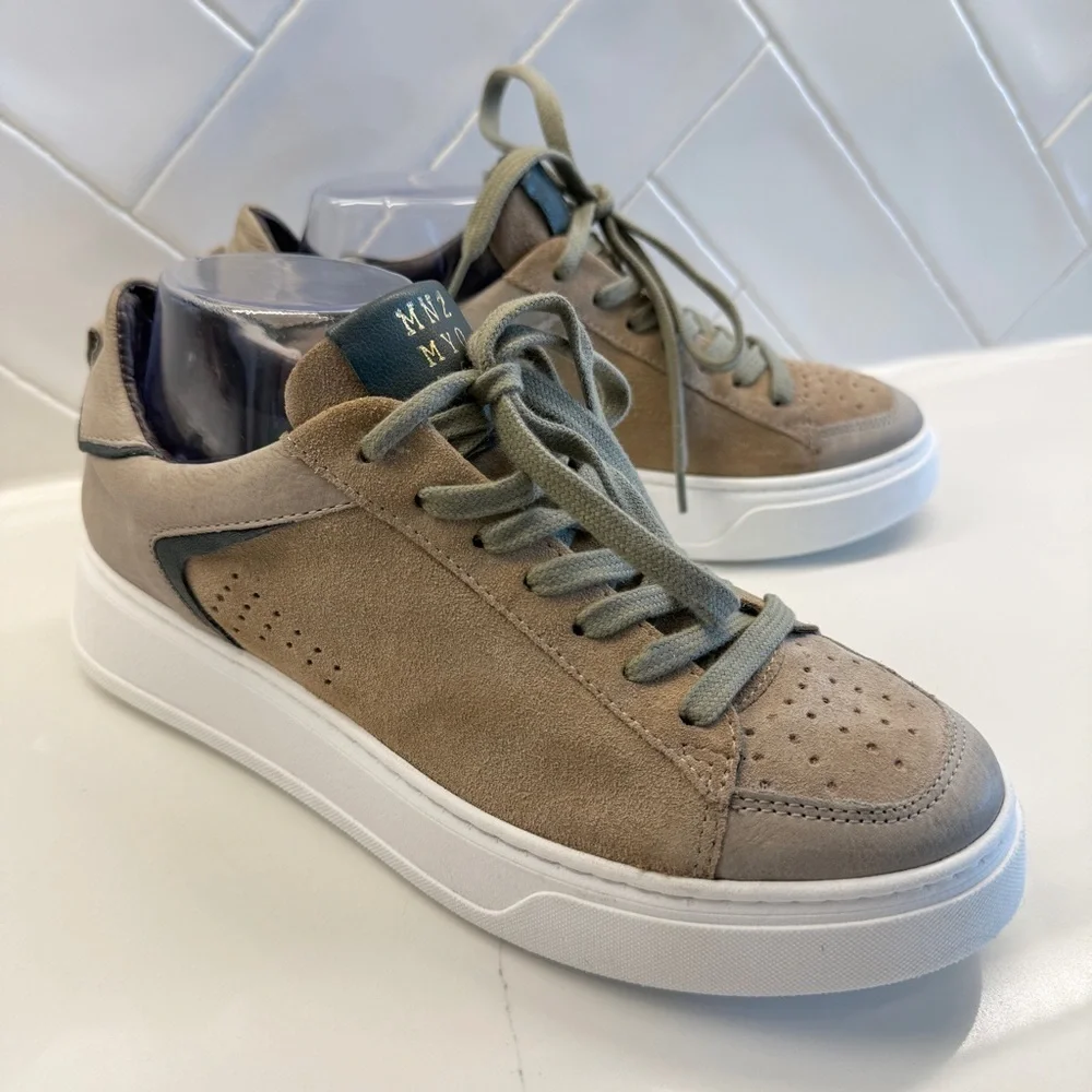 Miz Mooz Women's Tristian Tan & Green Leather Lace-Up Sneakers Size 8.5 Casual